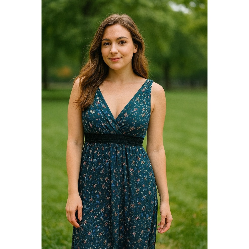 Banana Republic Pleated Tiered MidiDress V Neck Green Floral Sz 0 Wedding Guest‎